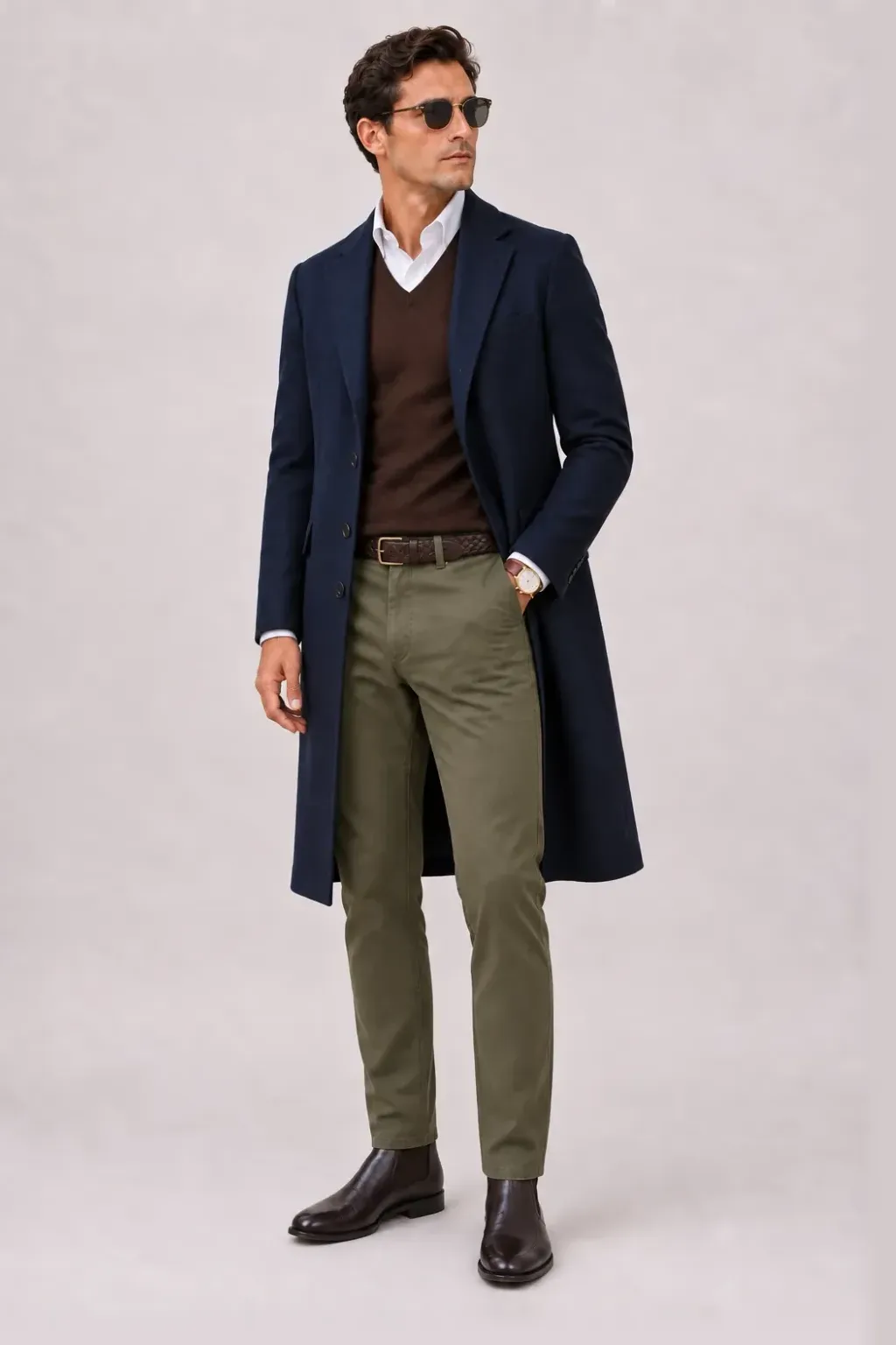 Langer Mantel Navy über V-Neck-Pullover Feinstrick Schokobraun und Button-Down-Hemd Hellblau, dazu Chino Oliv und Chelsea Boot — Button-Down-Hemd Weiss