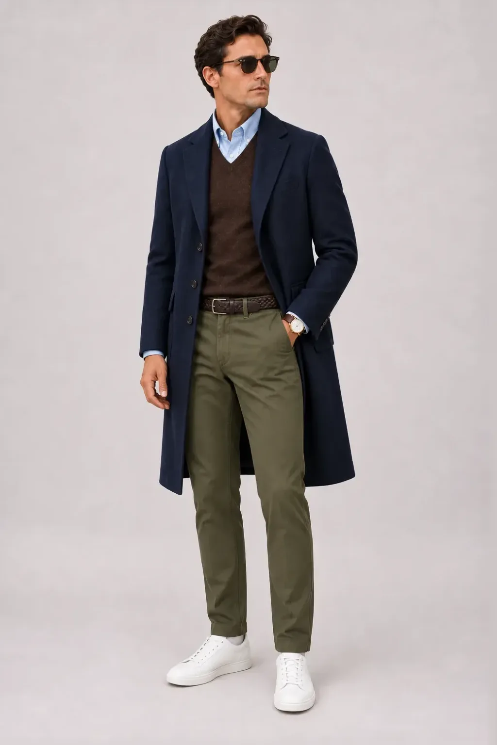 Langer Mantel Navy über V-Neck-Pullover Feinstrick Schokobraun und Button-Down-Hemd Hellblau, dazu Chino Oliv und Chelsea Boot