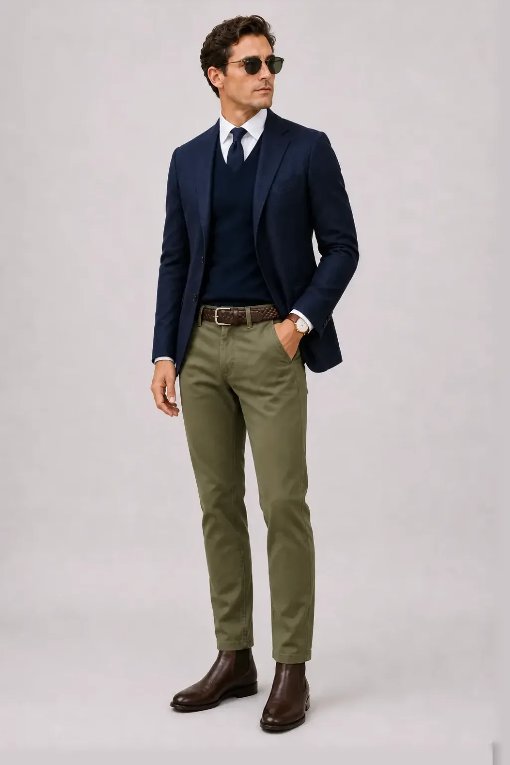V-Neck-Pullover Feinstrick Navy über Button-Down-Hemd, dazu Chino Oliv und Chelsea Boot