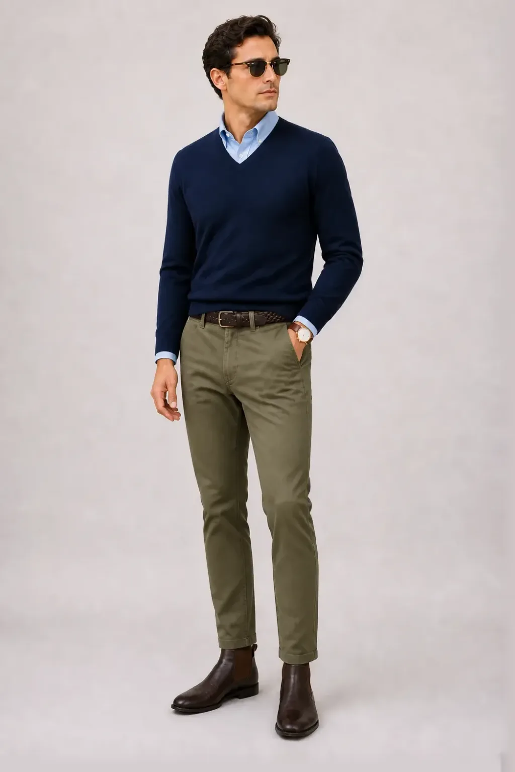 V-Neck-Pullover Feinstrick Navy über Button-Down-Hemd, dazu Chino Oliv und Chelsea Boot — Button-Down-Hemd Hellblau