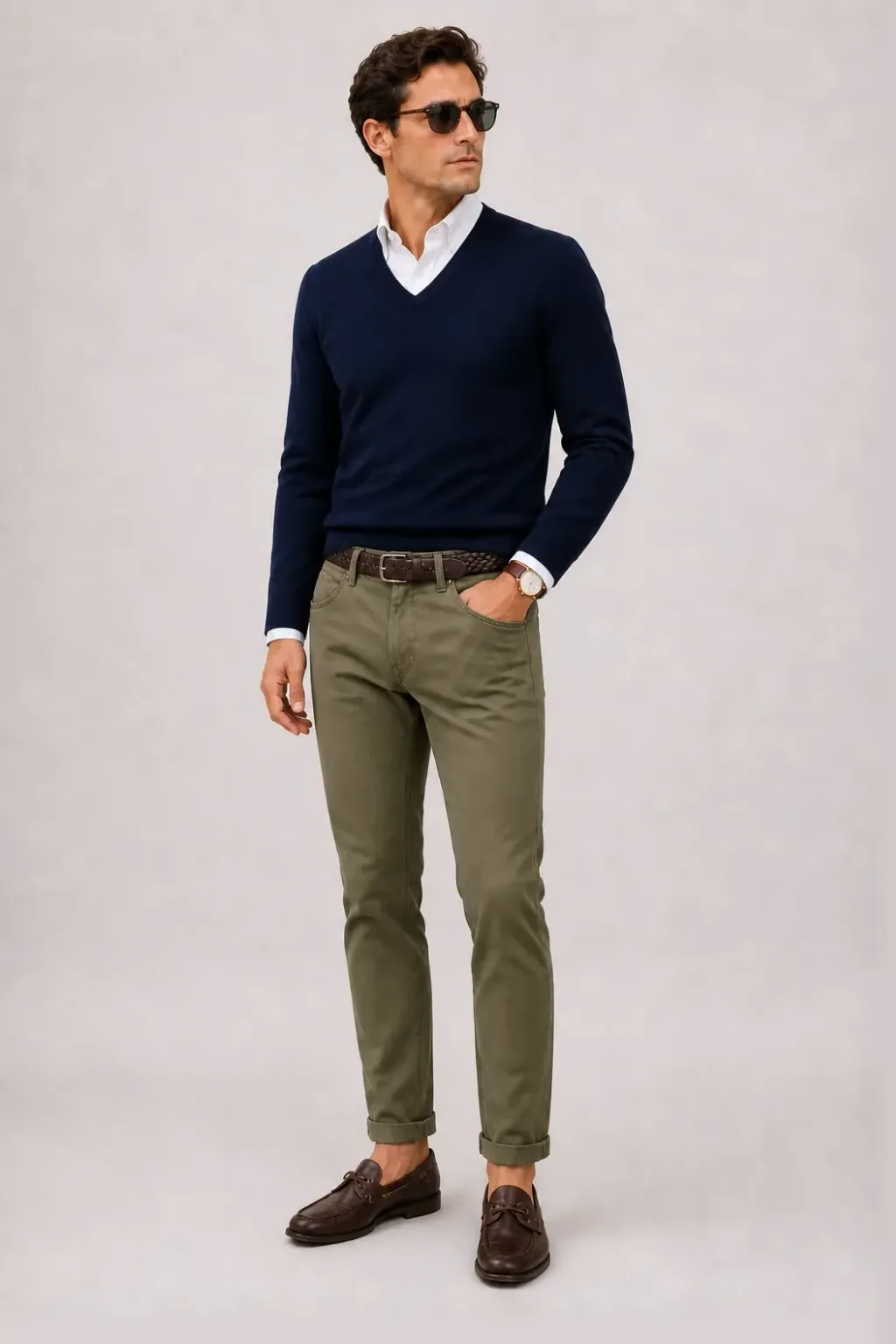 V-Neck-Pullover Feinstrick Navy über Button-Down-Hemd, dazu Chino Oliv und Chelsea Boot
