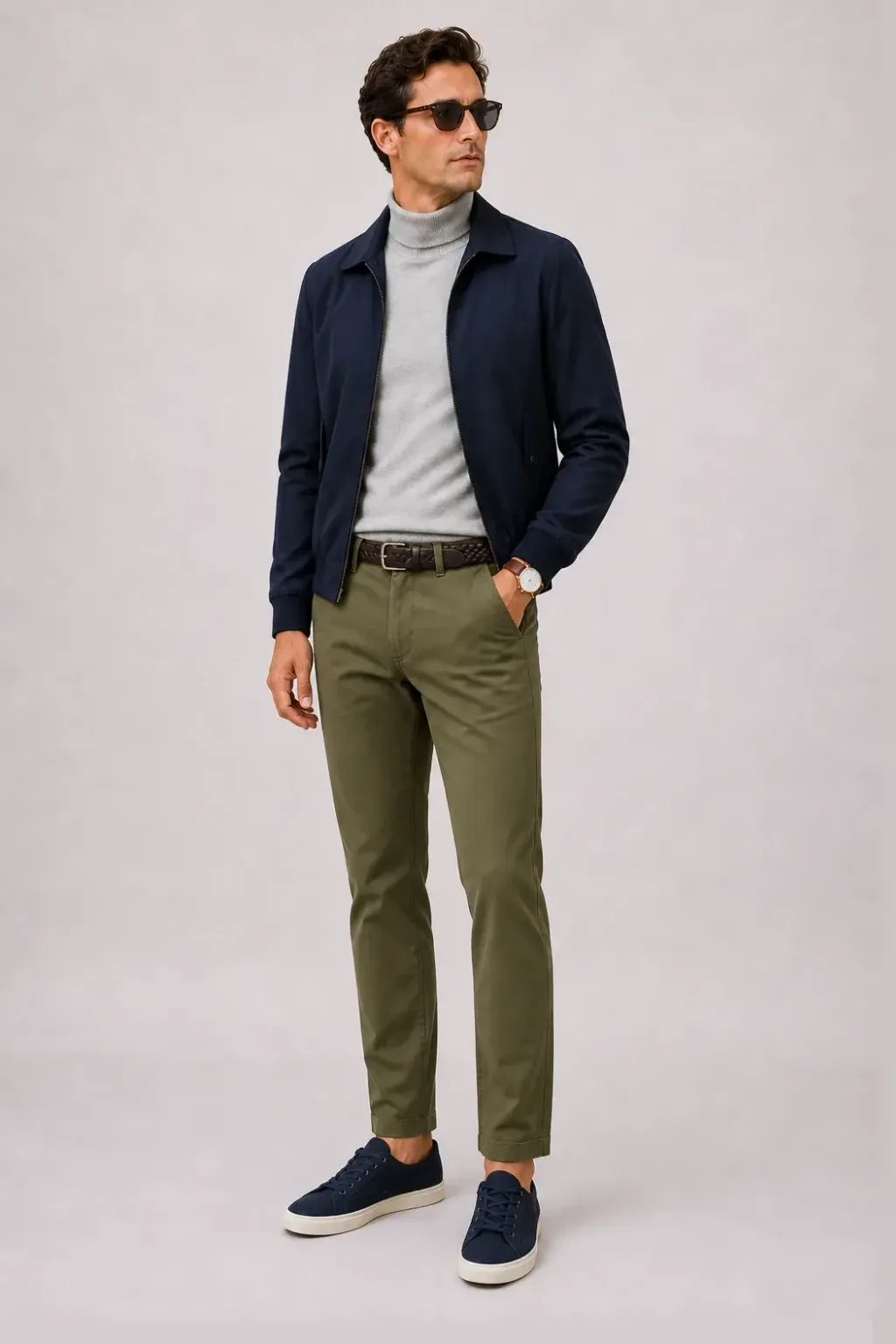 Harrington Blouson Navy über Rollkragenpullover, dazu Chino Oliv und Canvas Sneaker