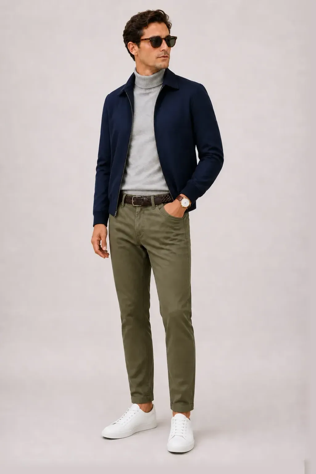 Harrington Blouson Navy über Rollkragenpullover, dazu Chino Oliv und Canvas Sneaker