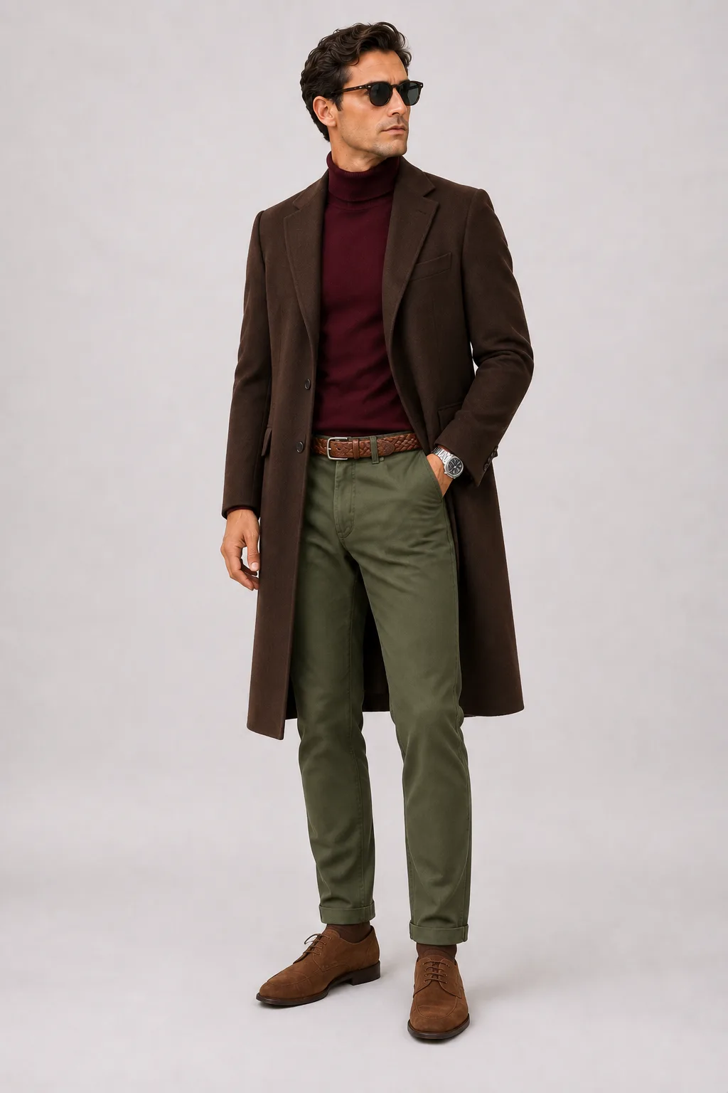 Langer Mantel Dunkelbraun über Rollkragenpullover, dazu Chino Oliv und Derby Wildleder