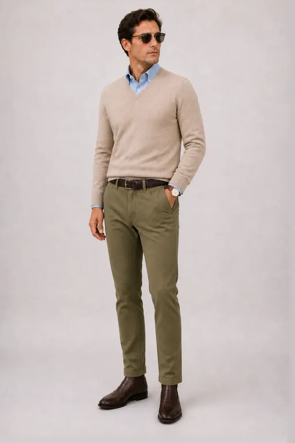 V-Neck-Pullover Feinstrick Beige über Button-Down-Hemd, dazu Chino Oliv und Chelsea Boot