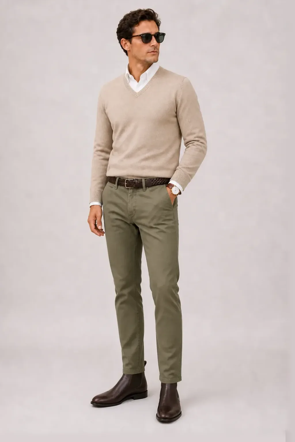 V-Neck-Pullover Feinstrick Beige über Button-Down-Hemd, dazu Chino Oliv und Chelsea Boot — Button-Down-Hemd Weiss
