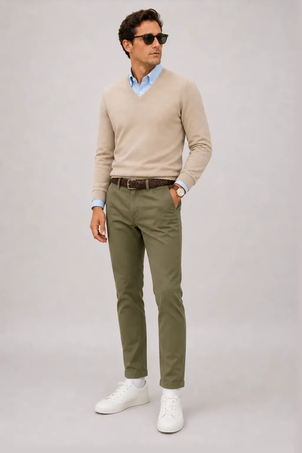 V-Neck-Pullover Feinstrick Beige über Button-Down-Hemd, dazu Chino Oliv und Chelsea Boot
