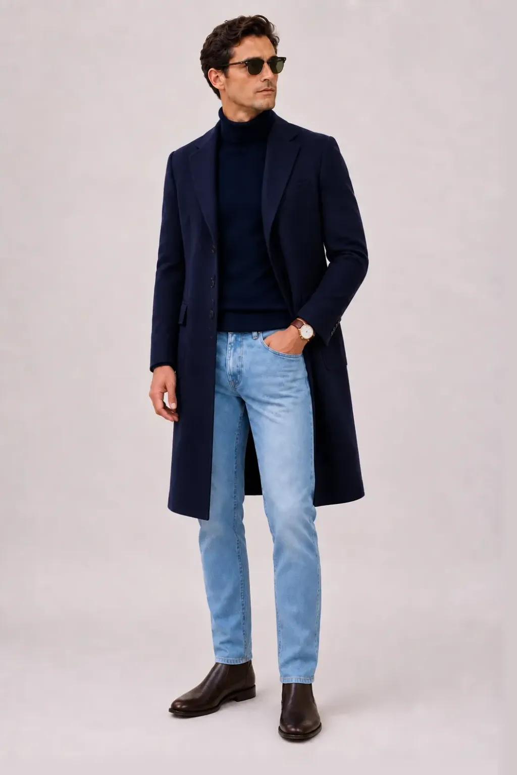 Harrington Blouson Beige über Rollkragenpullover, dazu Jeans Hellblau und Chelsea Boot — Langer Mantel Navy