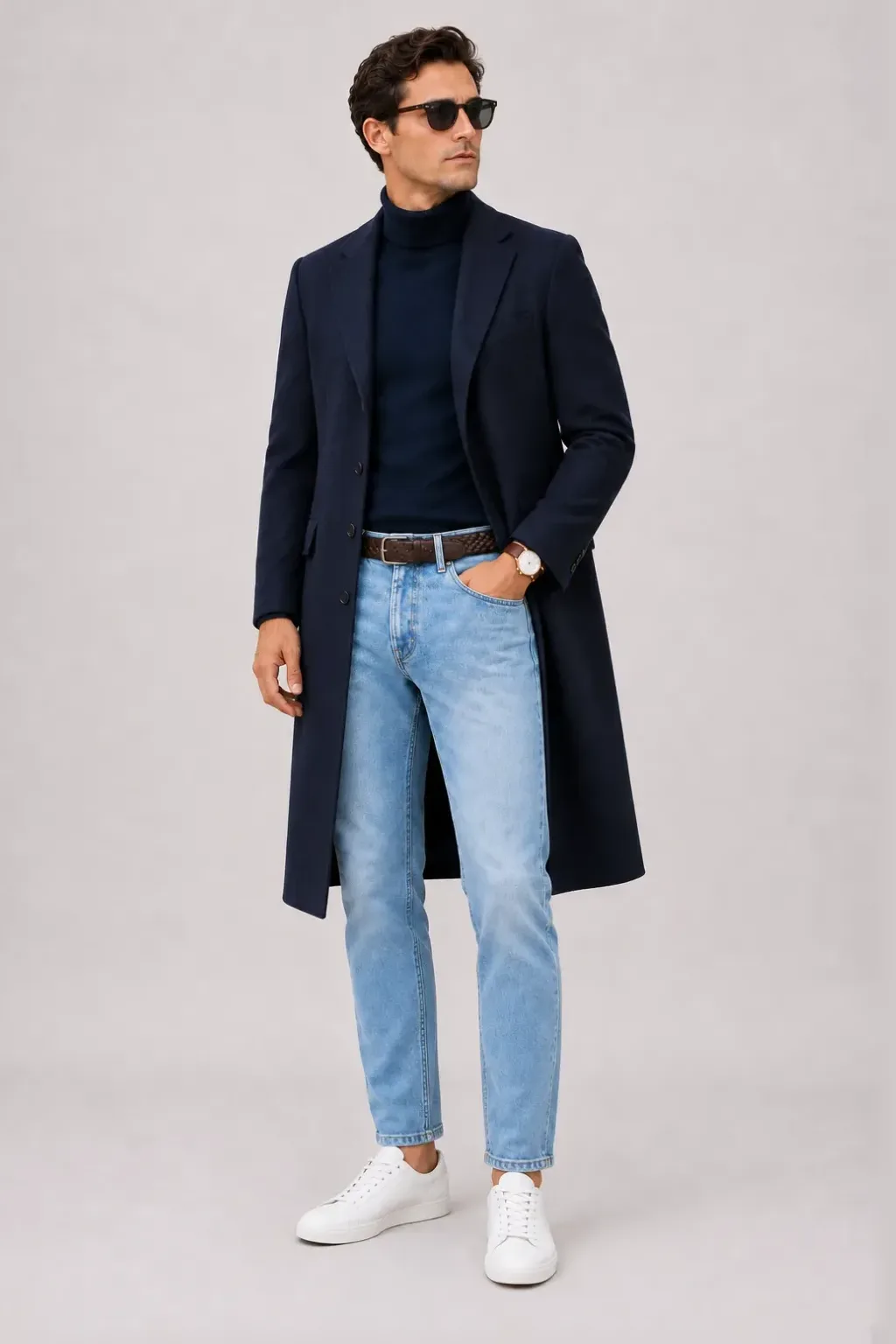 Langer Mantel Navy über Rollkragenpullover Navy, dazu Jeans Hellblau und Chelsea Boot