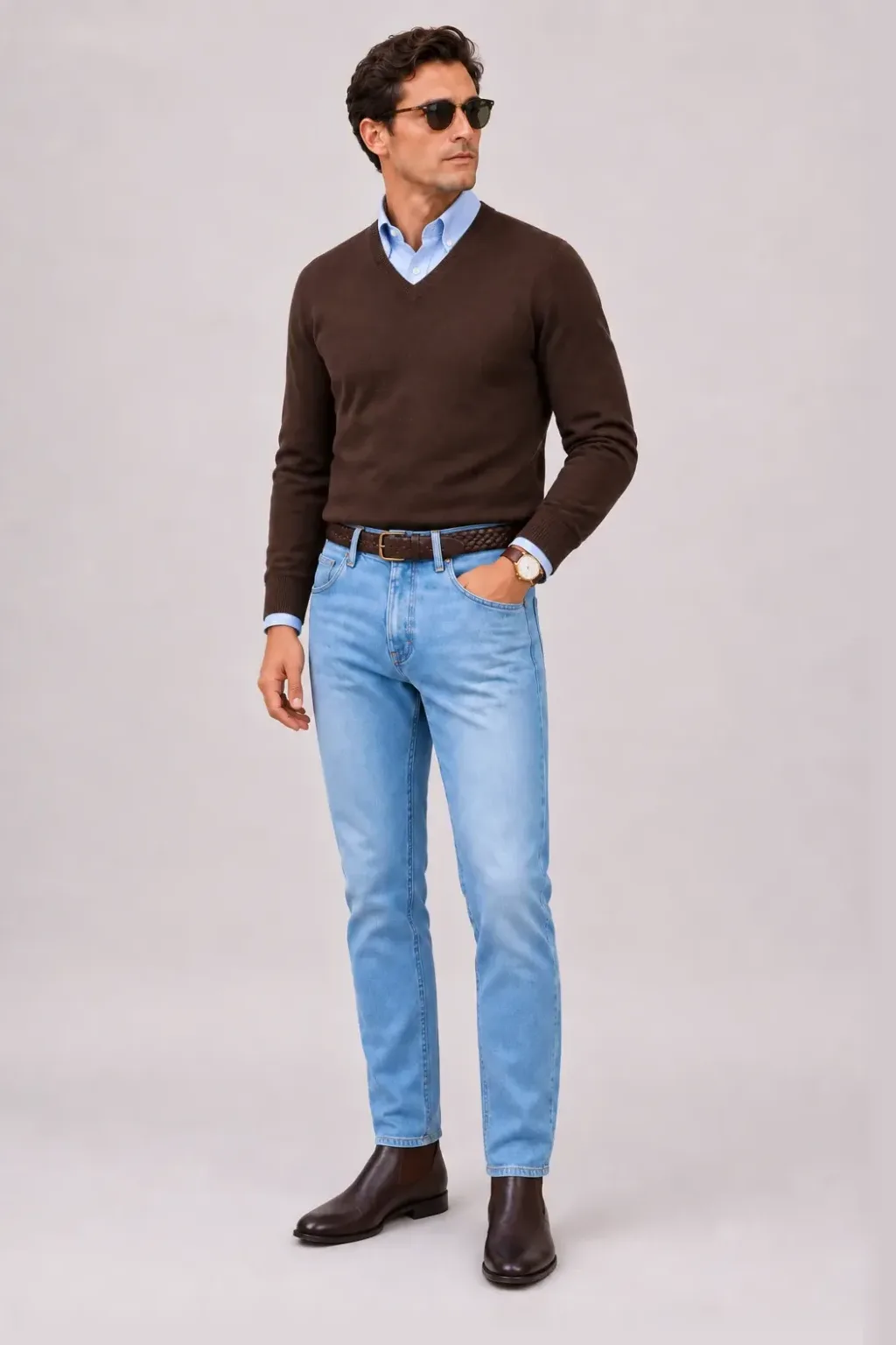 V-Neck-Pullover Feinstrick Schokobraun über Button-Down-Hemd, dazu Jeans Hellblau und Chelsea Boot