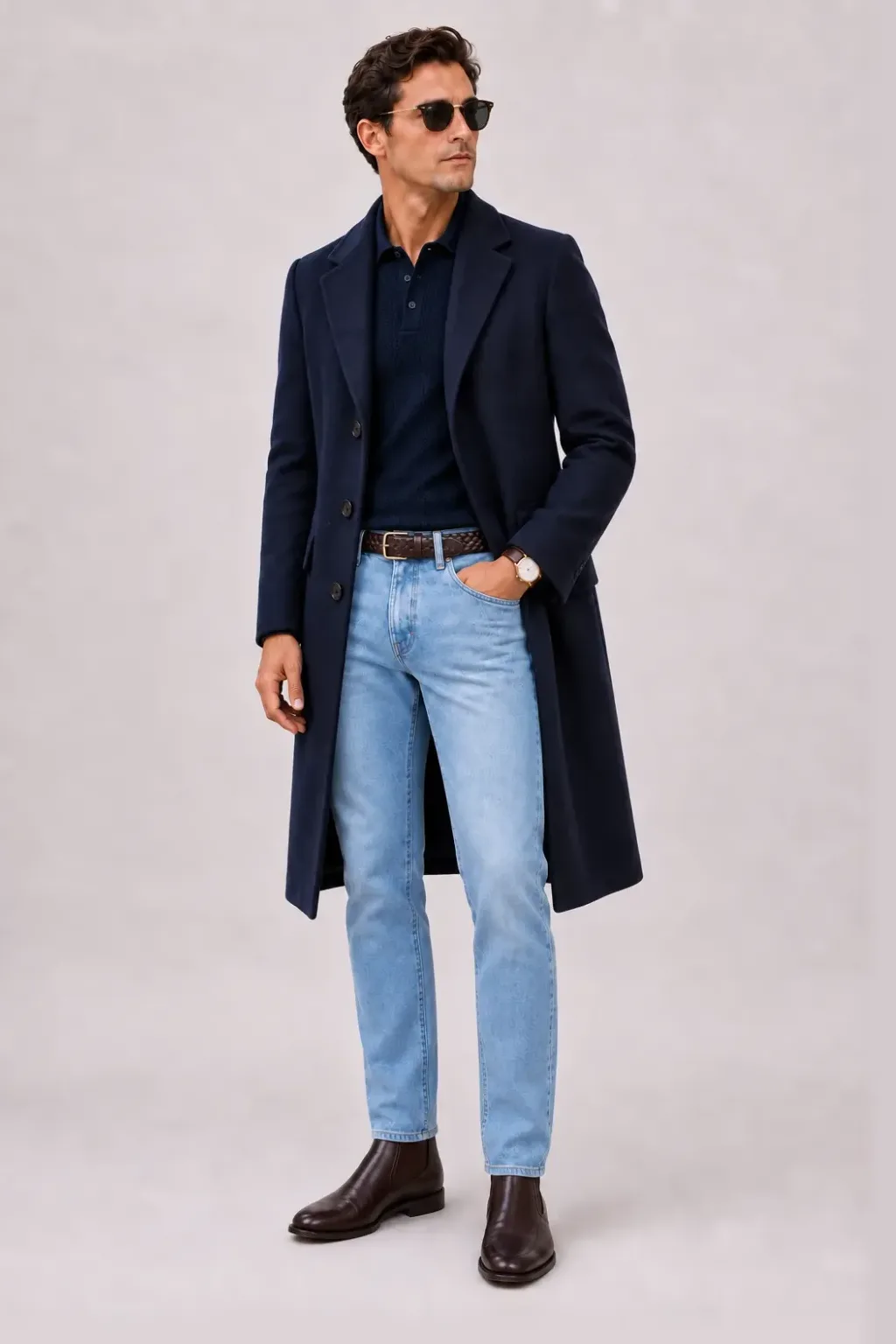 Langer Mantel Navy über Strickpolo, dazu Jeans Hellblau und Chelsea Boot