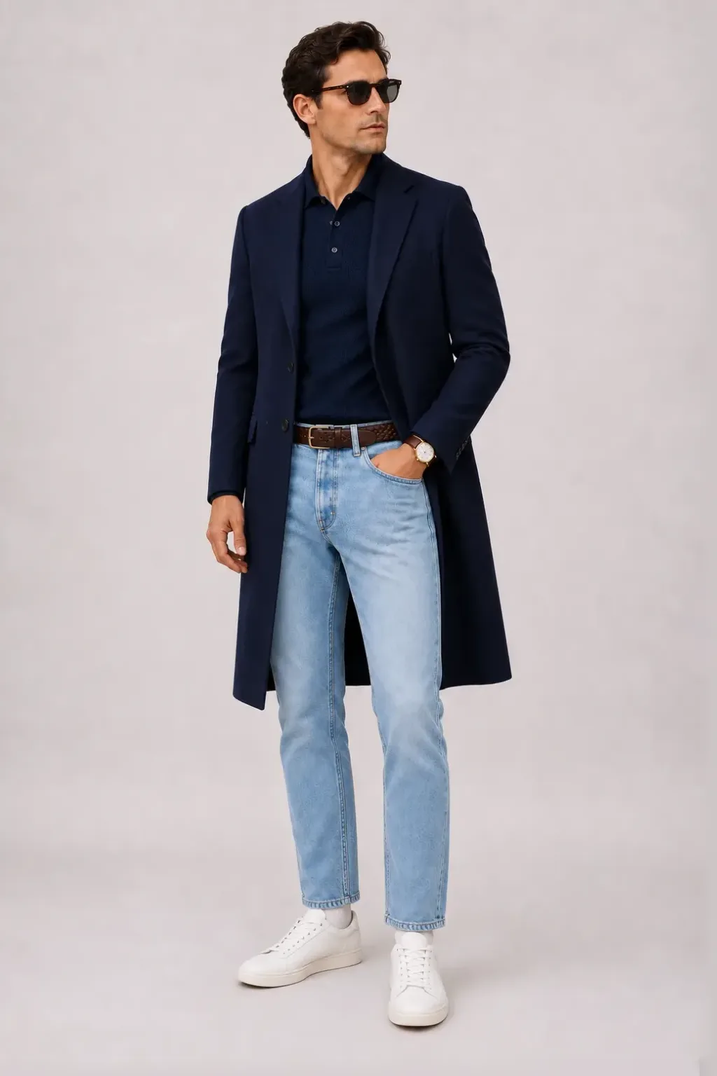 Langer Mantel Navy über Strickpolo, dazu Jeans Hellblau und Chelsea Boot