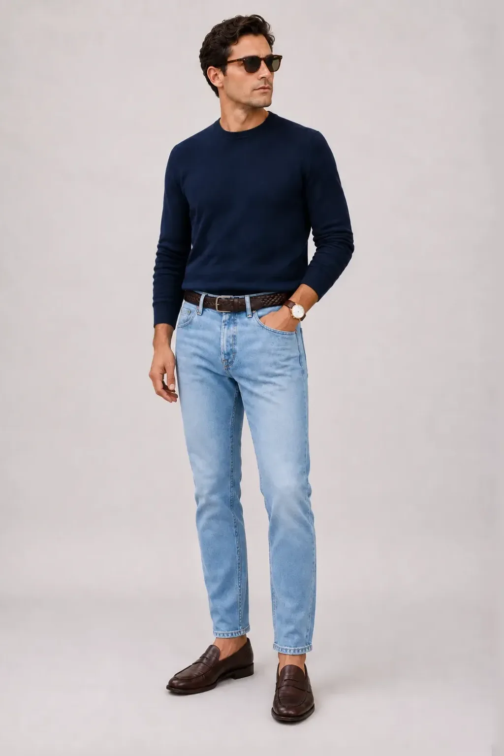 Crewneck-Pullover Feinstrick Navy, dazu Jeans Hellblau und Penny Loafer