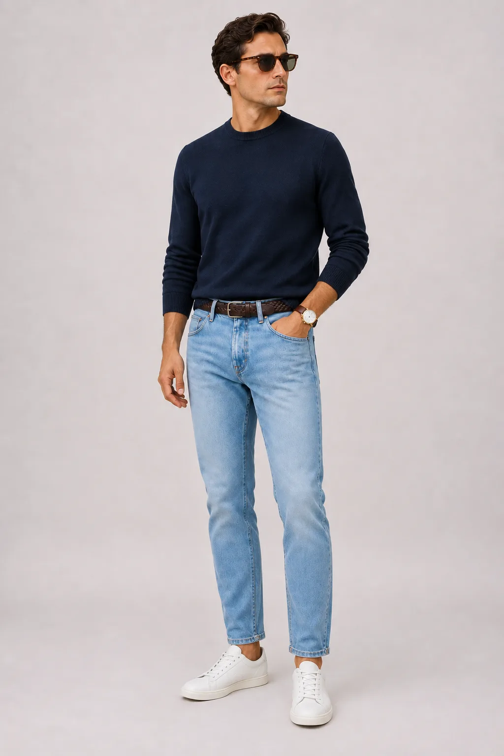 Crewneck-Pullover Feinstrick Navy, dazu Jeans Hellblau und Penny Loafer