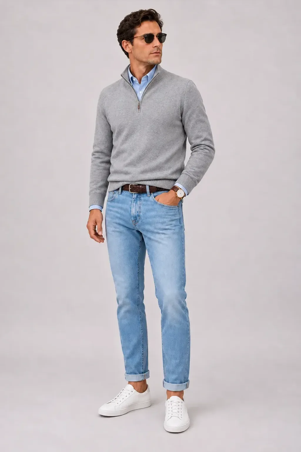 Half-Zip Pullover Feinstrick Hellgrau über Button-Down-Hemd, dazu Jeans Hellblau und Sneaker
