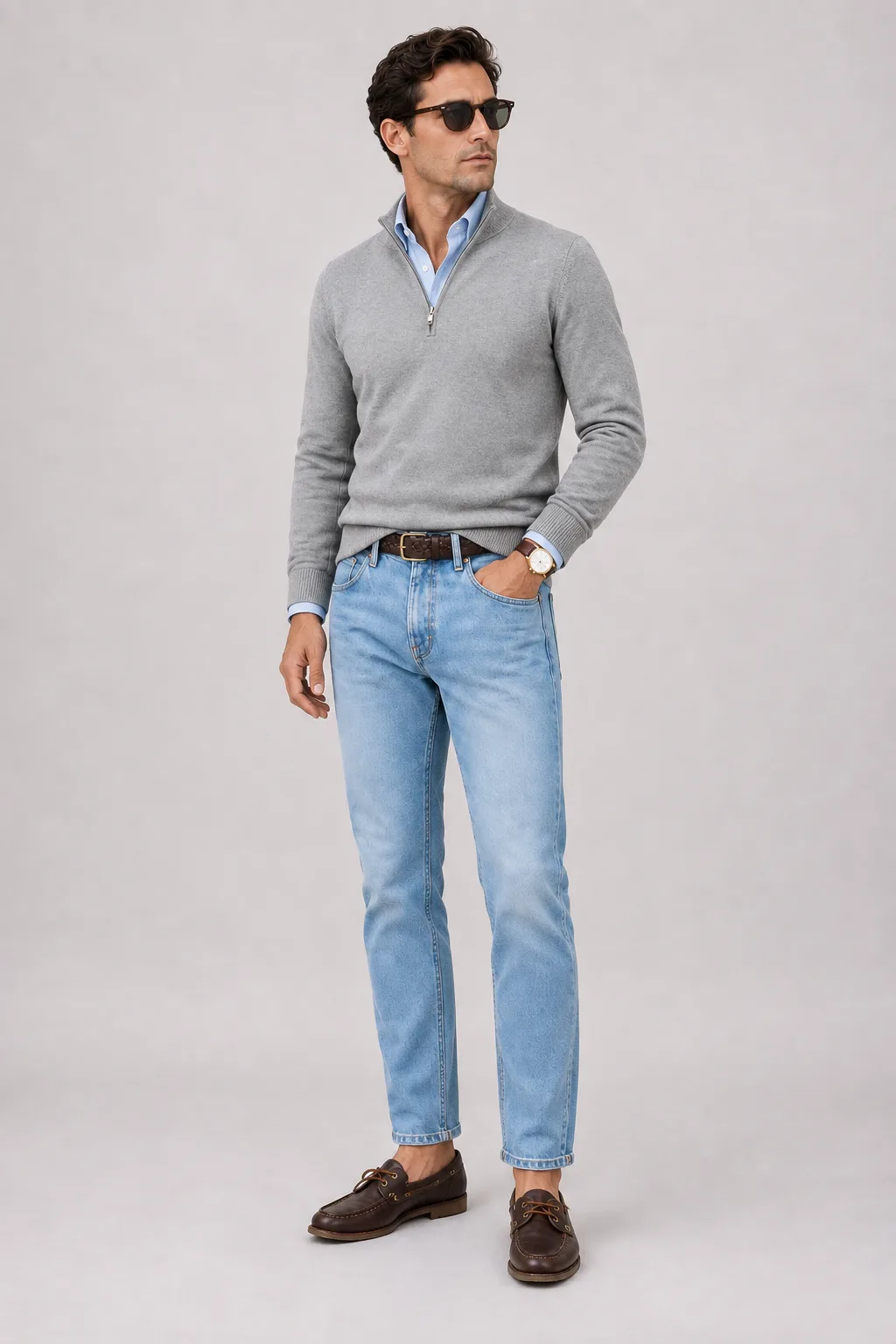 Half-Zip Pullover Feinstrick Hellgrau über Button-Down-Hemd, dazu Jeans Hellblau und Sneaker