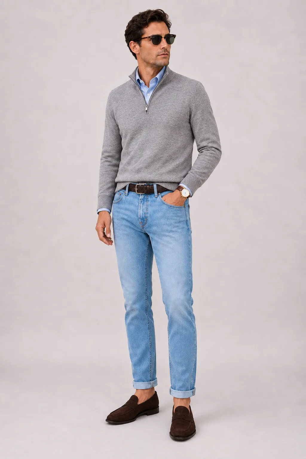 Half-Zip Pullover Feinstrick Hellgrau über Button-Down-Hemd, dazu Jeans Hellblau und Sneaker
