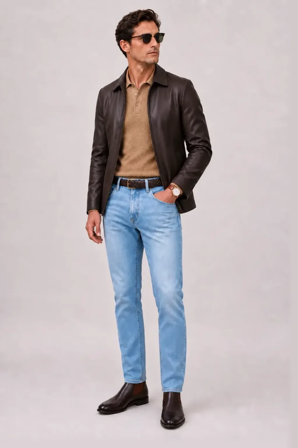 Lederjacke Dunkelbraun über Strickpolo, dazu Jeans Hellblau und Chelsea Boot