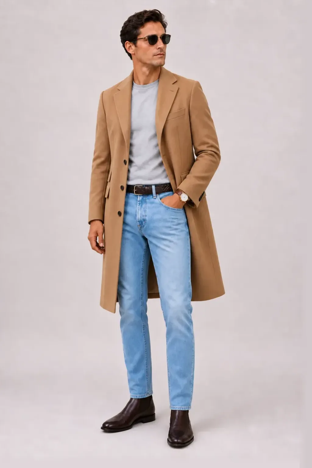 Langer Mantel Camel über T-Shirt, dazu Jeans Hellblau und Chelsea Boot