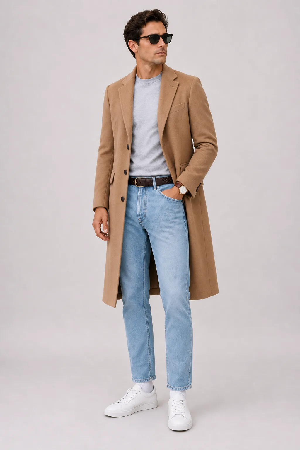 Langer Mantel Camel über T-Shirt, dazu Jeans Hellblau und Chelsea Boot