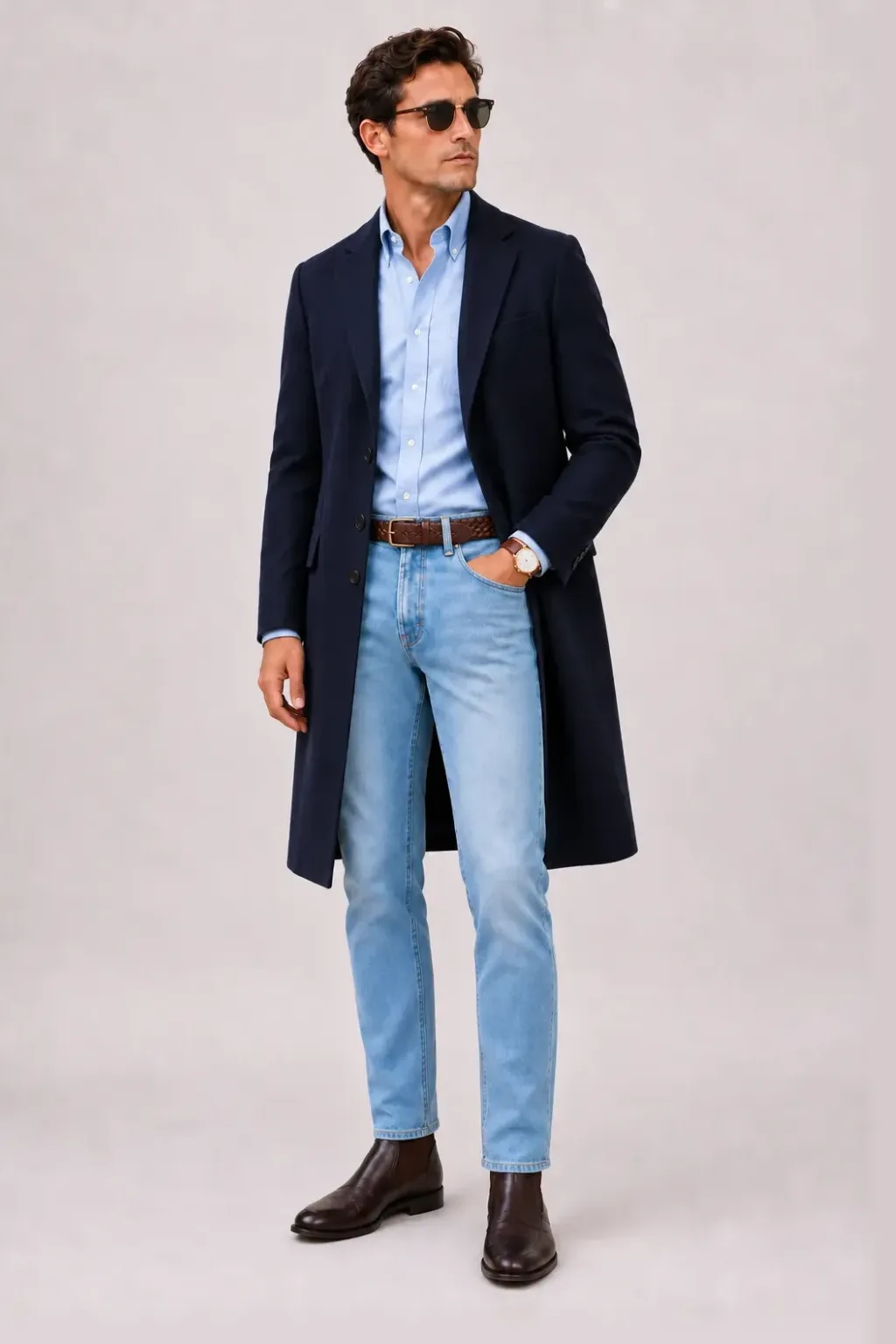 Langer Mantel Navy über Strickpolo Beige, dazu Jeans Hellblau und Chelsea Boot — Button-Down-Hemd Hellblau
