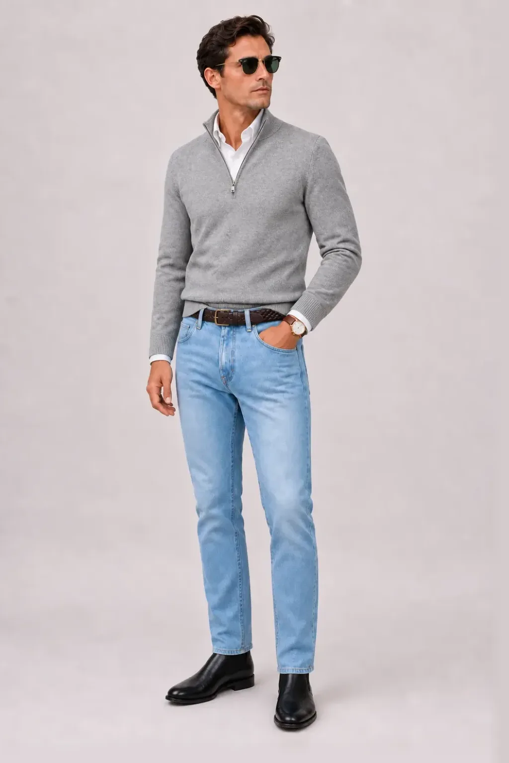 Half-Zip Pullover Feinstrick Hellgrau über Button-Down-Hemd, dazu Jeans Hellblau und Chelsea Boot