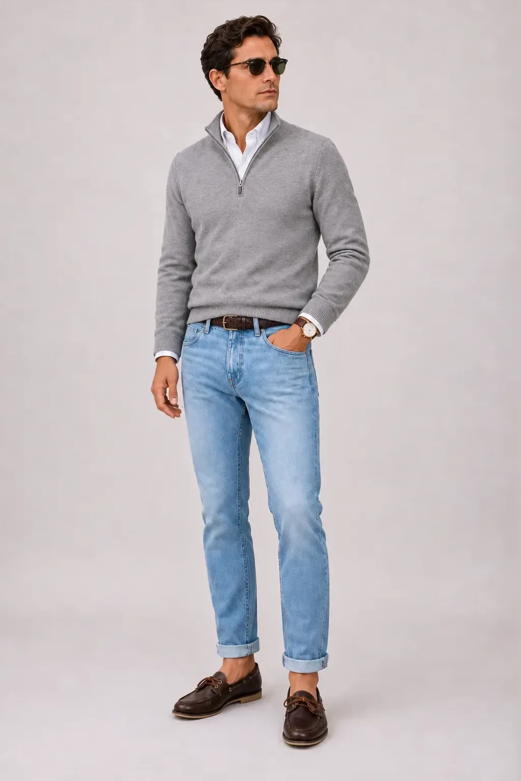 Half-Zip Pullover Feinstrick Hellgrau über Button-Down-Hemd, dazu Jeans Hellblau und Chelsea Boot