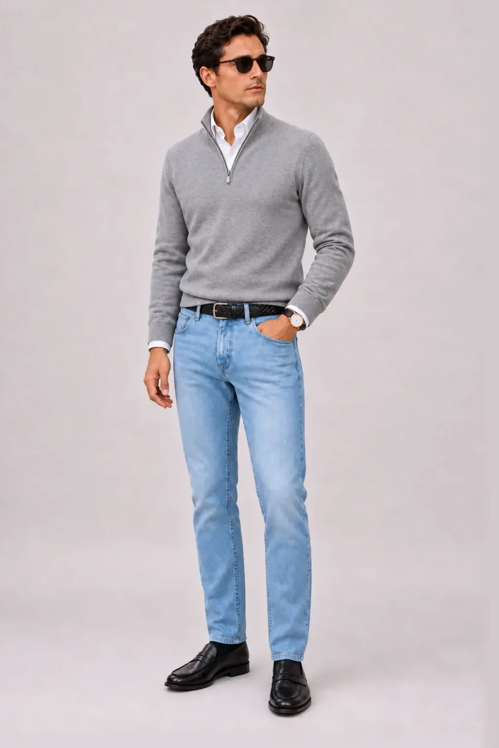 Half-Zip Pullover Feinstrick Hellgrau über Button-Down-Hemd, dazu Jeans Hellblau und Chelsea Boot — Penny Loafer Schwarz
