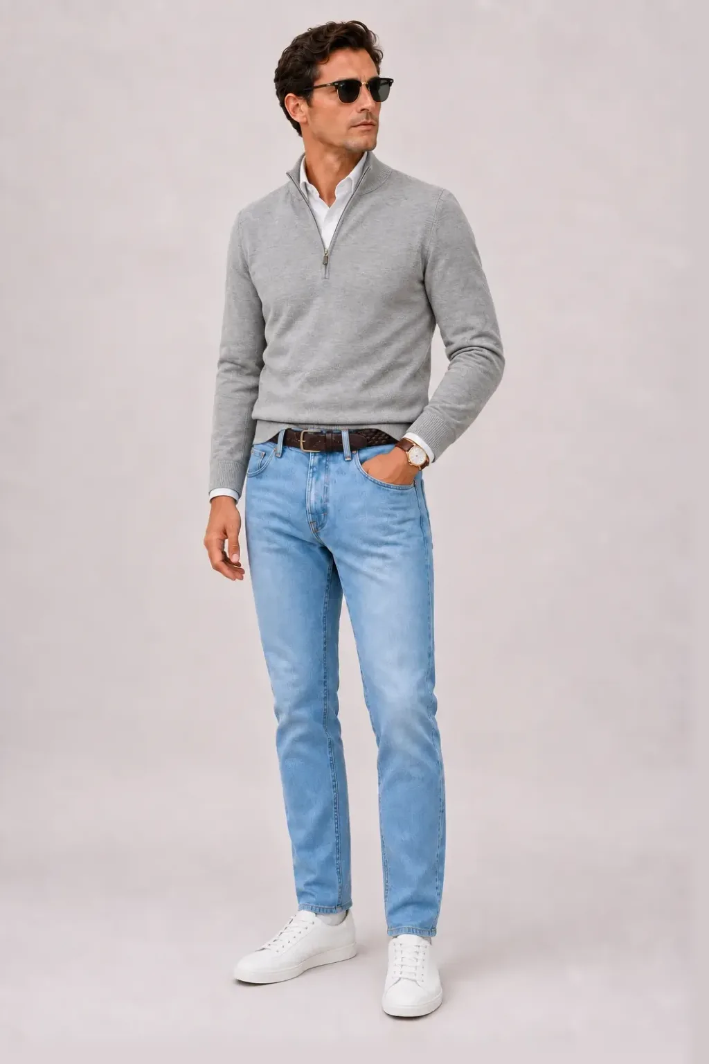 Half-Zip Pullover Feinstrick Hellgrau über Button-Down-Hemd, dazu Jeans Hellblau und Chelsea Boot — Sneaker Weiss