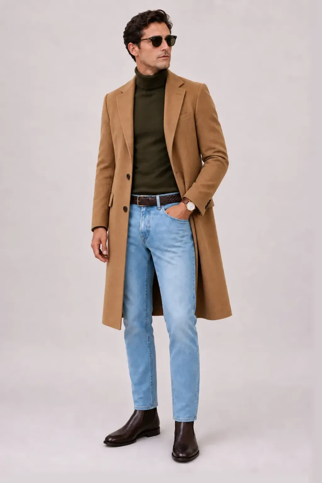 Langer Mantel Camel über T-Shirt, dazu Jeans Hellblau und Chelsea Boot — Rollkragenpullover Oliv