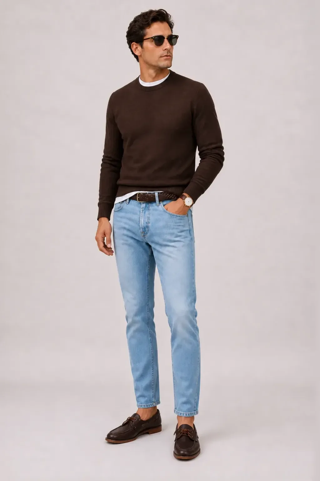 Crewneck-Pullover Feinstrick Schokobraun über T-Shirt, dazu Jeans Hellblau und Bootsschuh