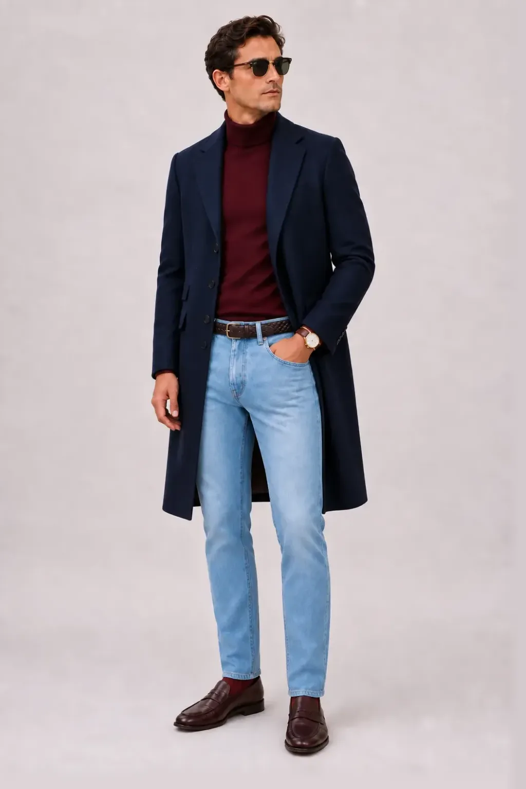 Langer Mantel Navy über Rollkragenpullover, dazu Jeans Hellblau und Penny Loafer