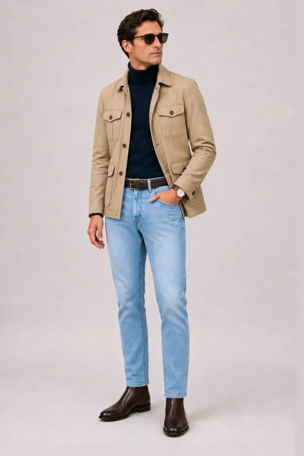 Harrington Blouson Beige über Rollkragenpullover, dazu Jeans Hellblau und Chelsea Boot — Field Jacket Beige