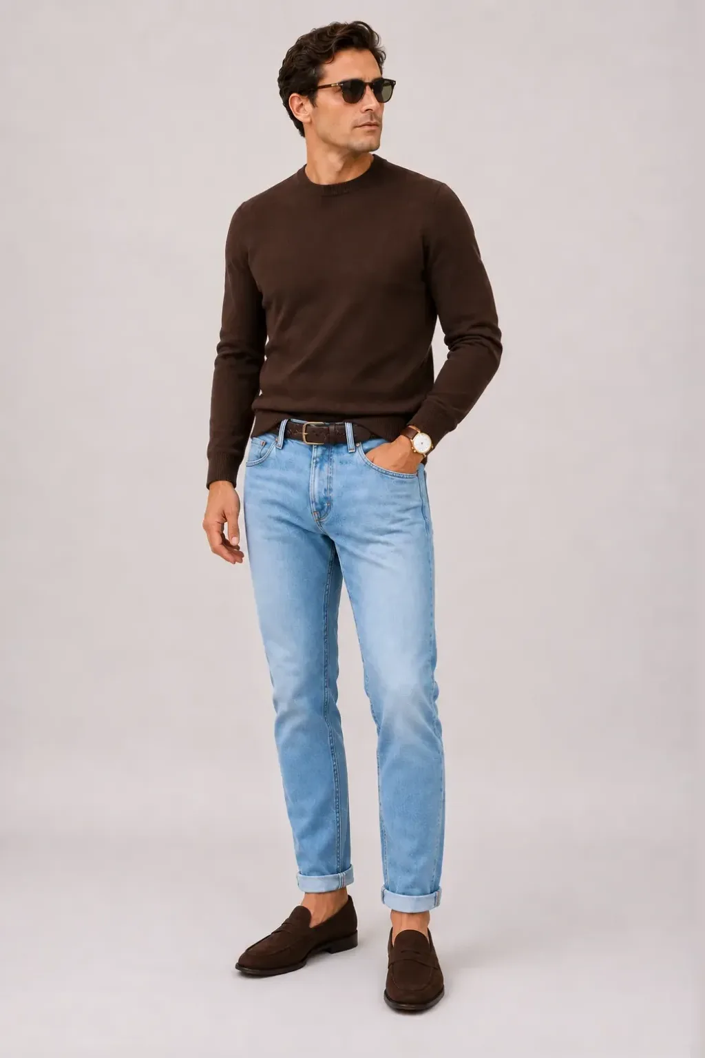 Crewneck-Pullover Feinstrick Schokobraun, dazu Jeans Hellblau und Penny Loafer Wildleder