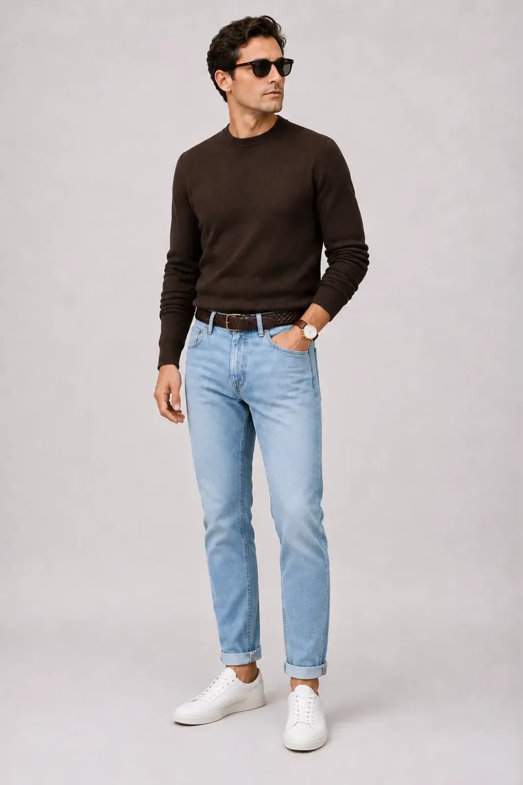 Crewneck-Pullover Feinstrick Schokobraun, dazu Jeans Hellblau und Penny Loafer Wildleder