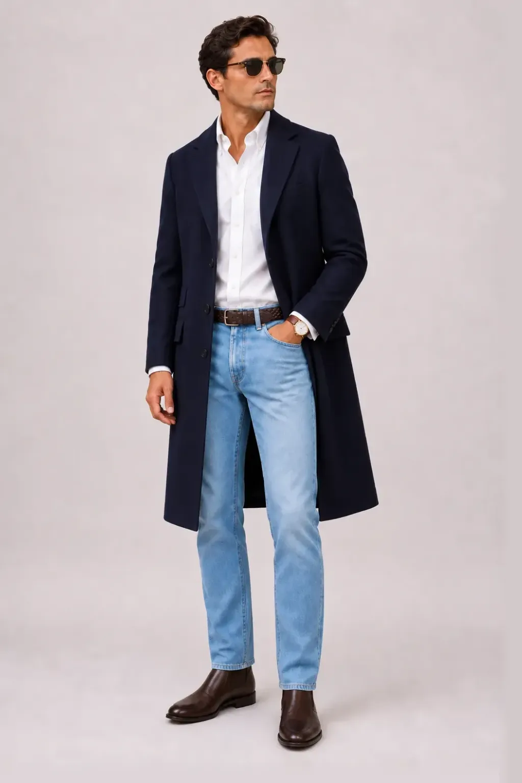 Langer Mantel Navy über Strickpolo Beige, dazu Jeans Hellblau und Chelsea Boot — Button-Down-Hemd Weiss