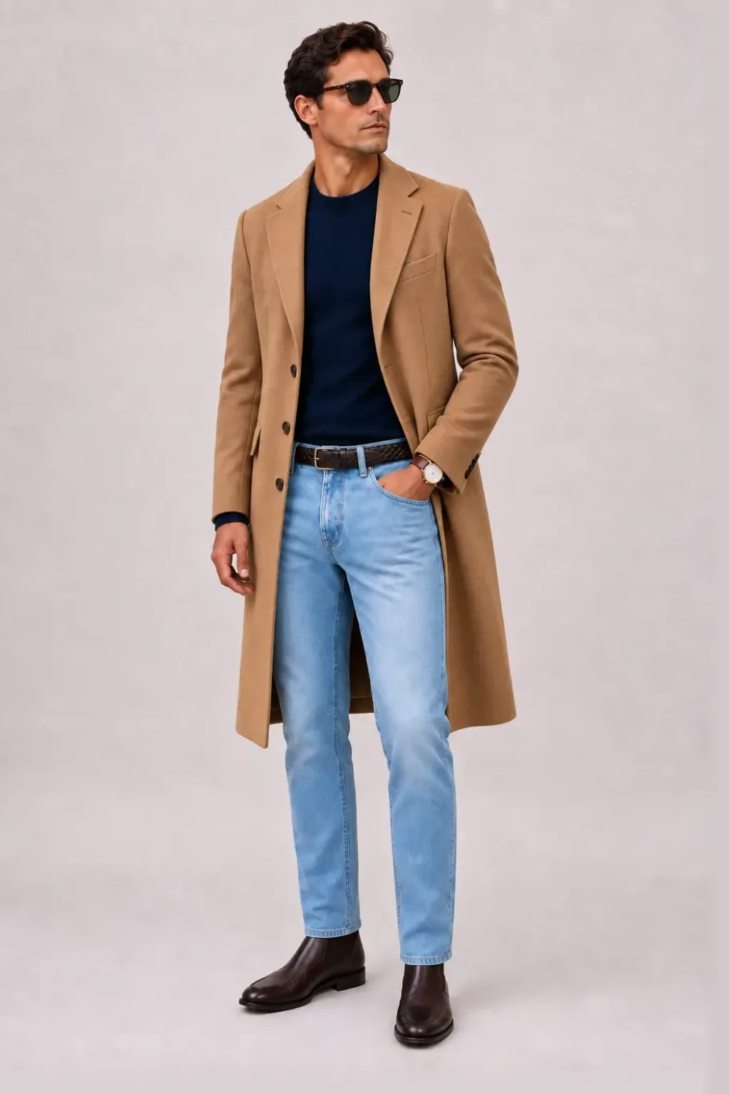 Langer Mantel Camel über Crewneck-Pullover Feinstrick Navy, dazu Jeans Hellblau und Chelsea Boot