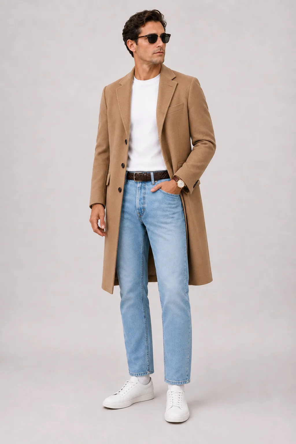 Langer Mantel Camel über Button-Down-Hemd, dazu Jeans Hellblau und Sneaker — ohne Zwischenschicht