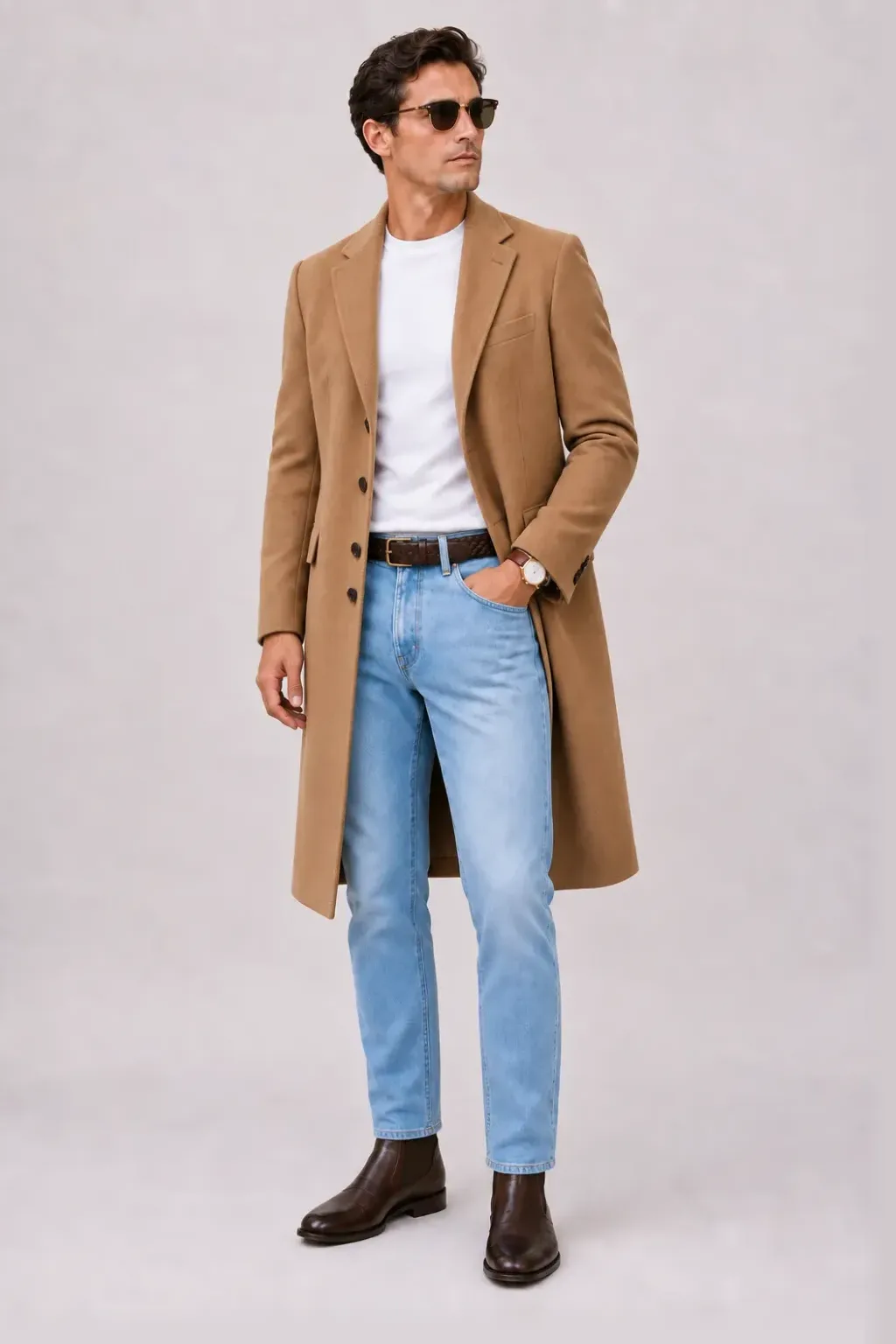 Langer Mantel Camel über T-Shirt, dazu Jeans Hellblau und Sneaker