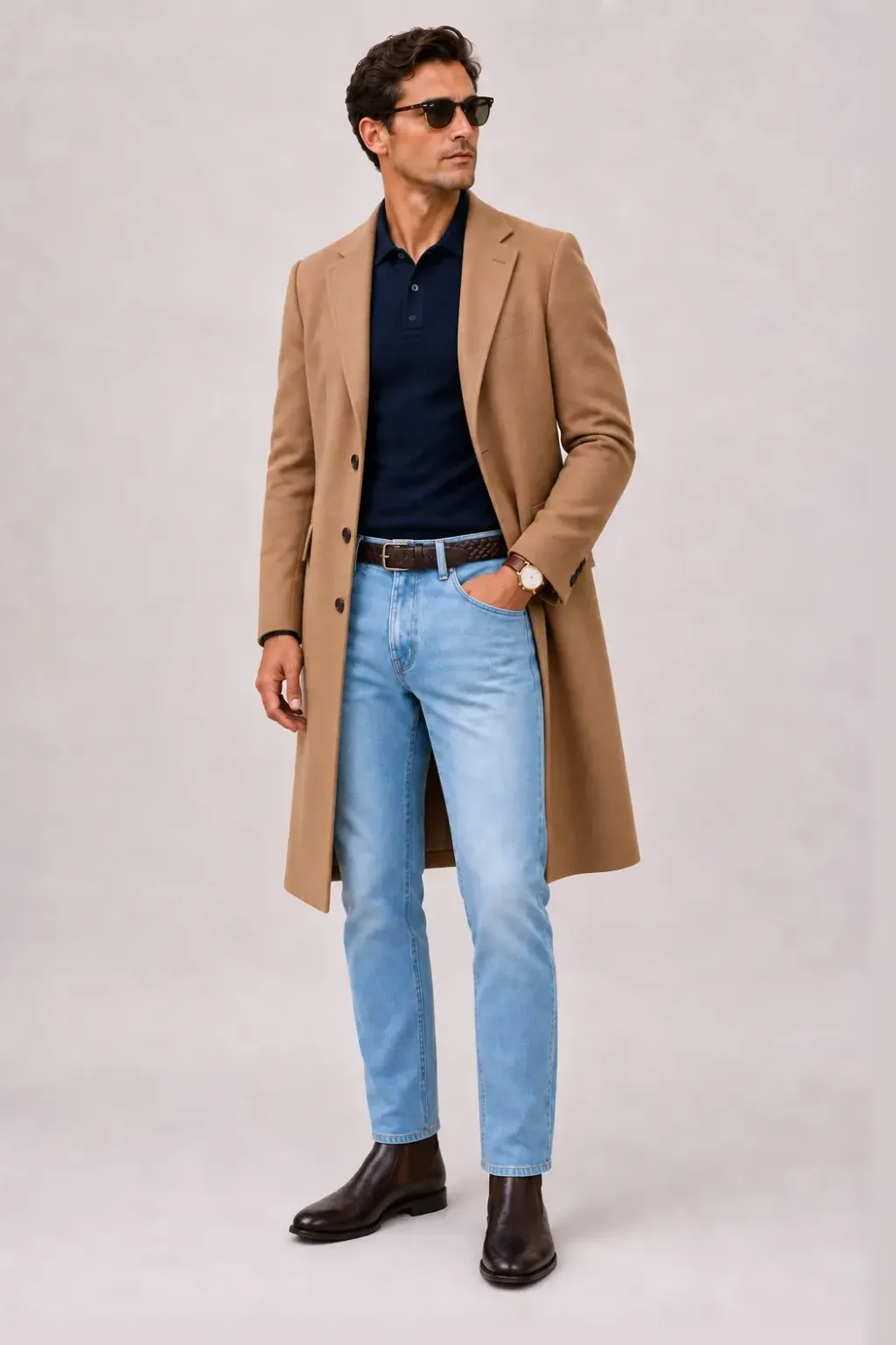 Langer Mantel Camel über Strickpolo, dazu Jeans Hellblau und Chelsea Boot