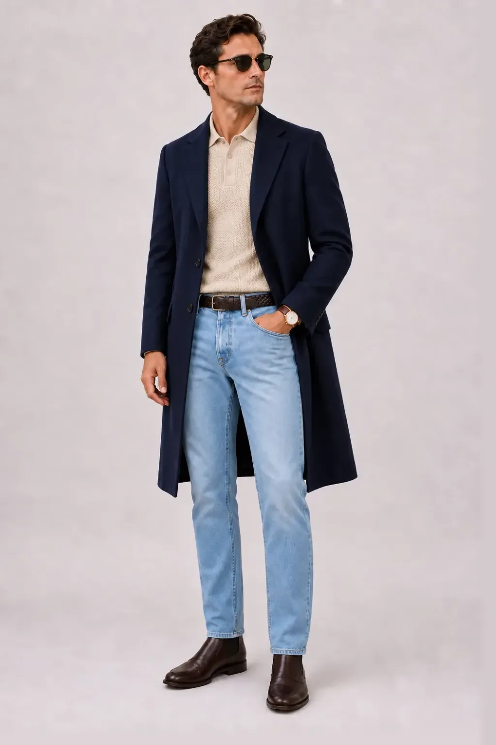Langer Mantel Navy über Strickpolo Beige, dazu Jeans Hellblau und Chelsea Boot