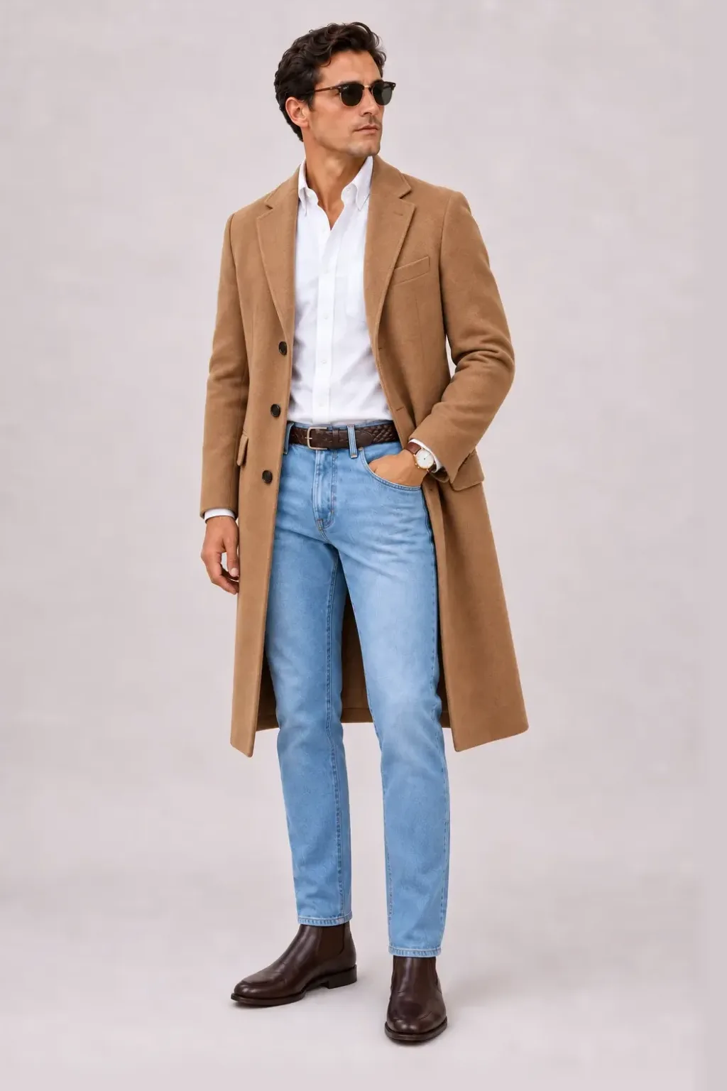 Langer Mantel Camel über T-Shirt, dazu Jeans Hellblau und Chelsea Boot — Button-Down-Hemd Weiss