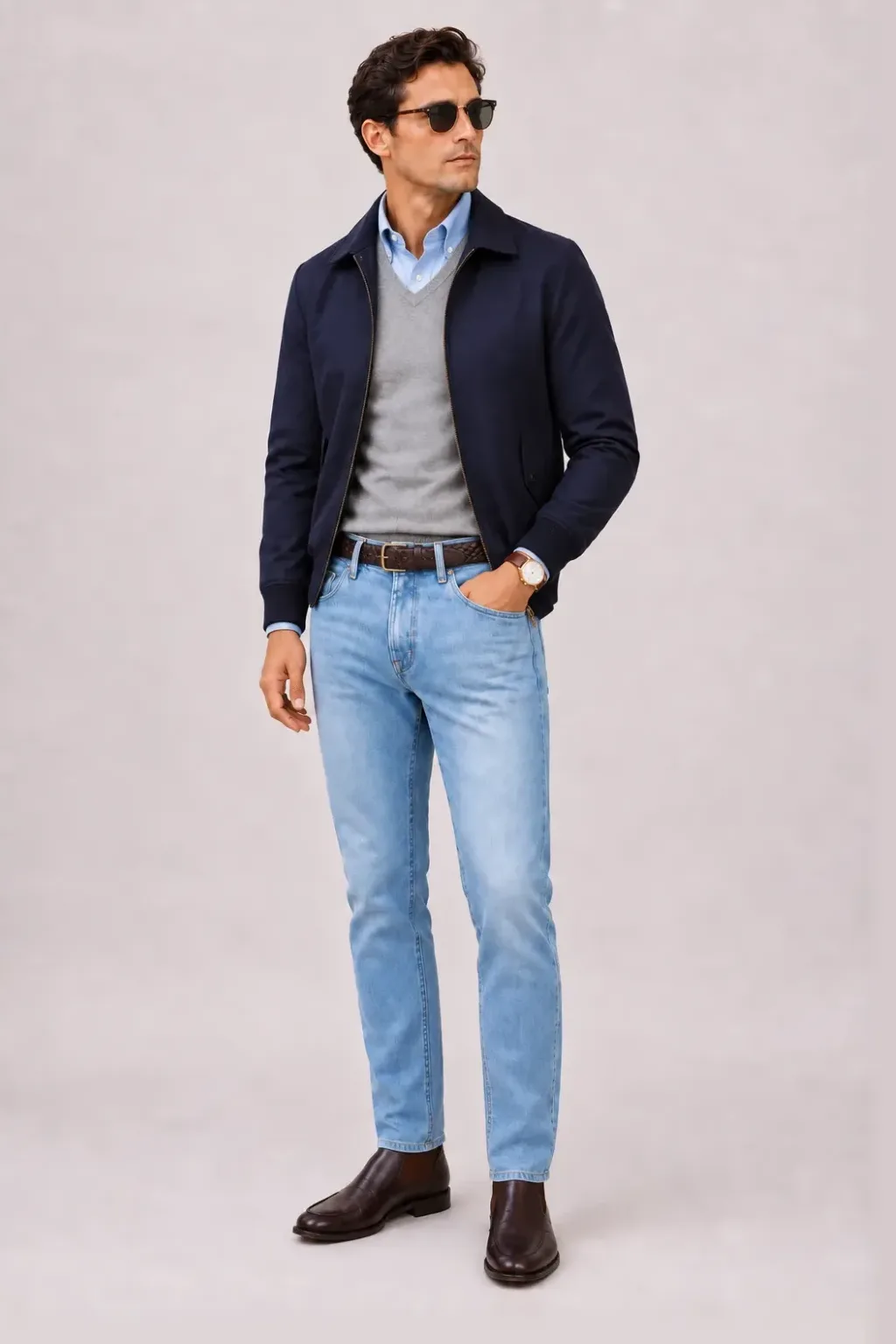 Harrington Blouson Navy über V-Neck-Pullover Feinstrick, dazu Jeans Hellblau und Chelsea Boot