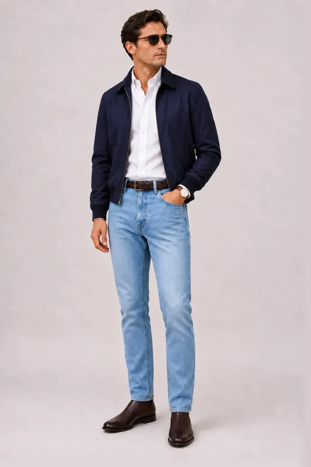 Harrington Blouson Navy über Button-Down-Hemd, dazu Jeans Hellblau und Chelsea Boot