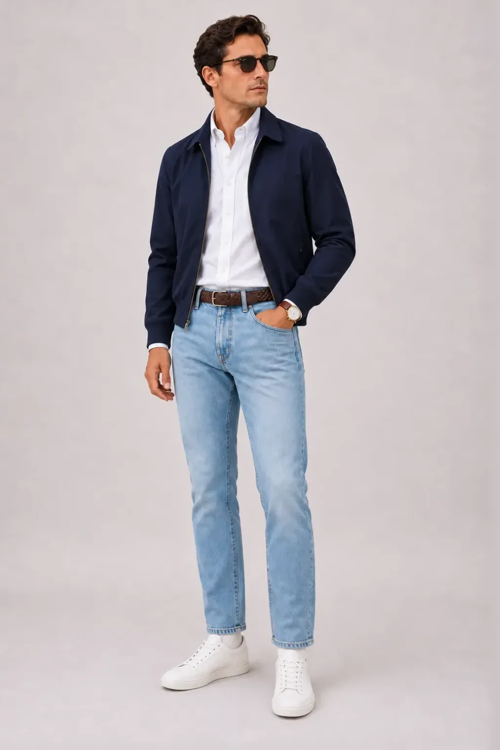Harrington Blouson Navy über Button-Down-Hemd, dazu Jeans Hellblau und Chelsea Boot