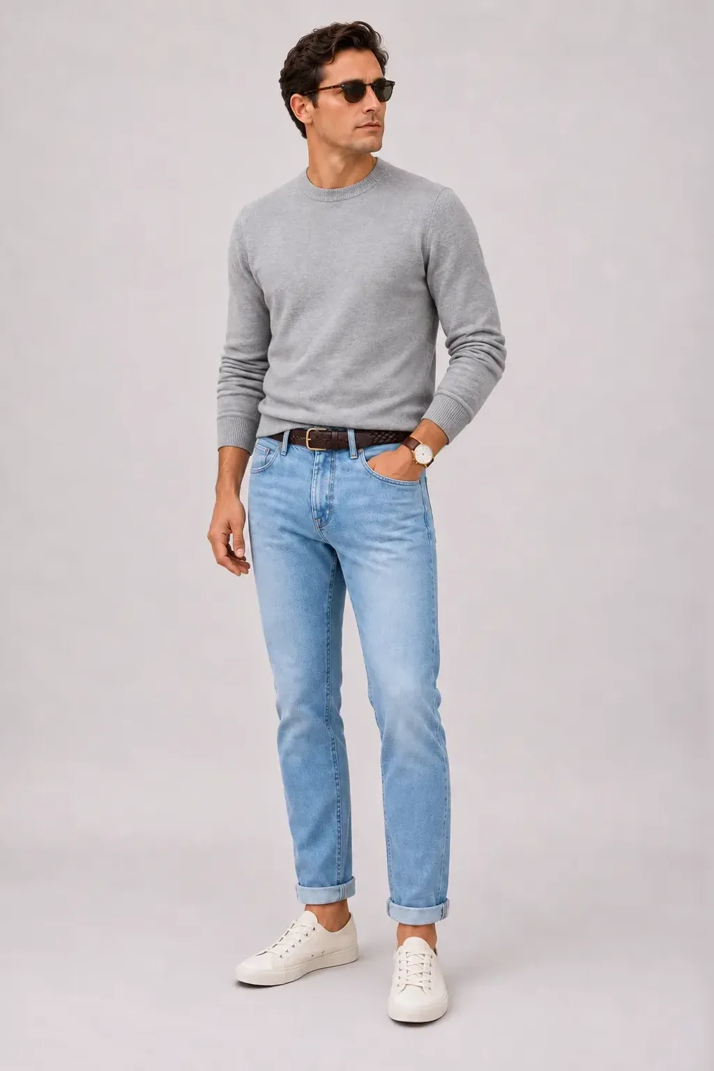 Crewneck-Pullover Feinstrick Hellgrau, dazu Jeans Hellblau und Canvas Sneaker