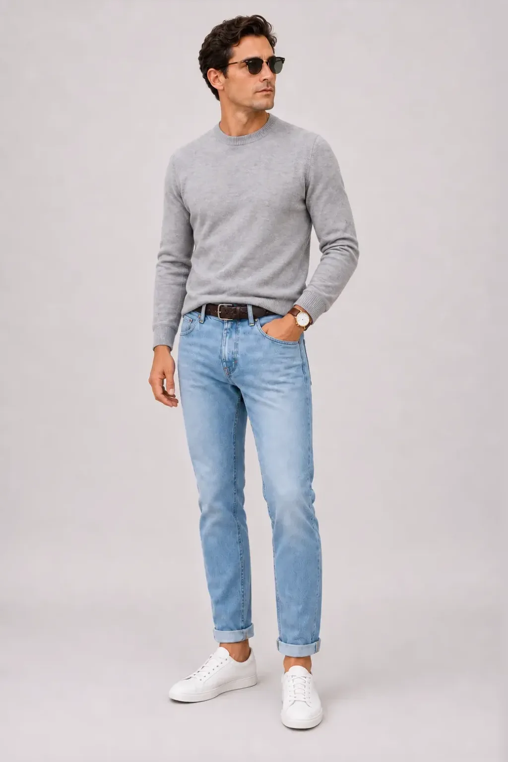 Crewneck-Pullover Feinstrick Hellgrau, dazu Jeans Hellblau und Canvas Sneaker