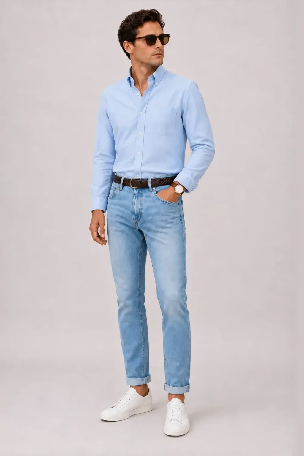 T-Shirt Navy, dazu Jeans Hellblau und Sneaker — Button-Down-Hemd Hellblau