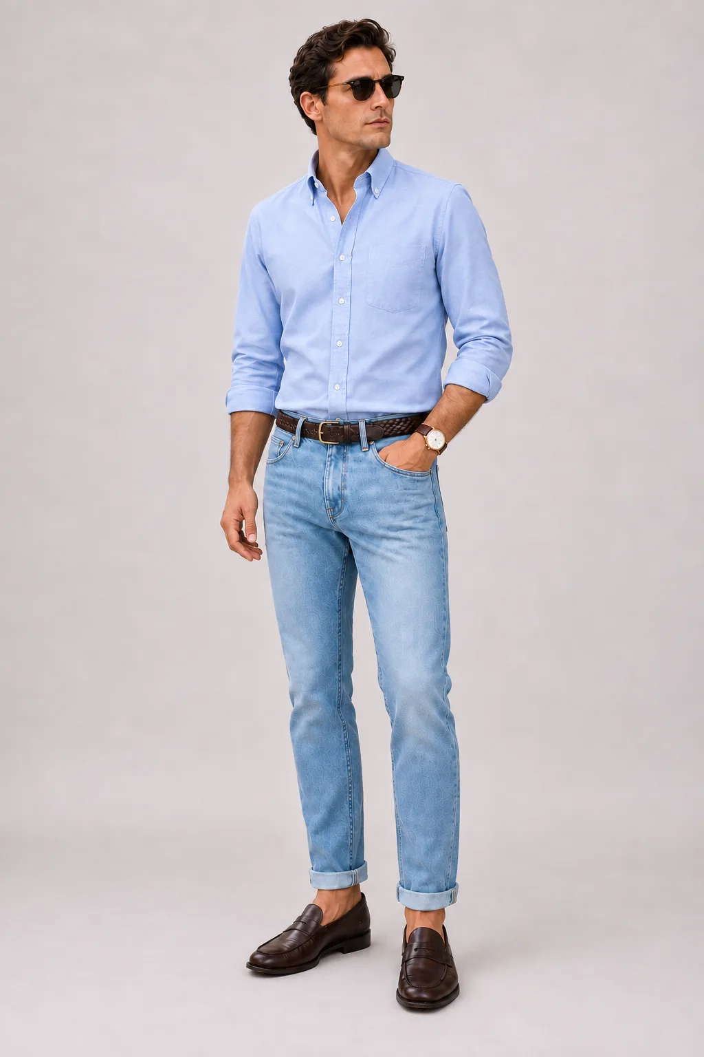 Button-Down-Hemd Hellblau, dazu Jeans Hellblau und Sneaker