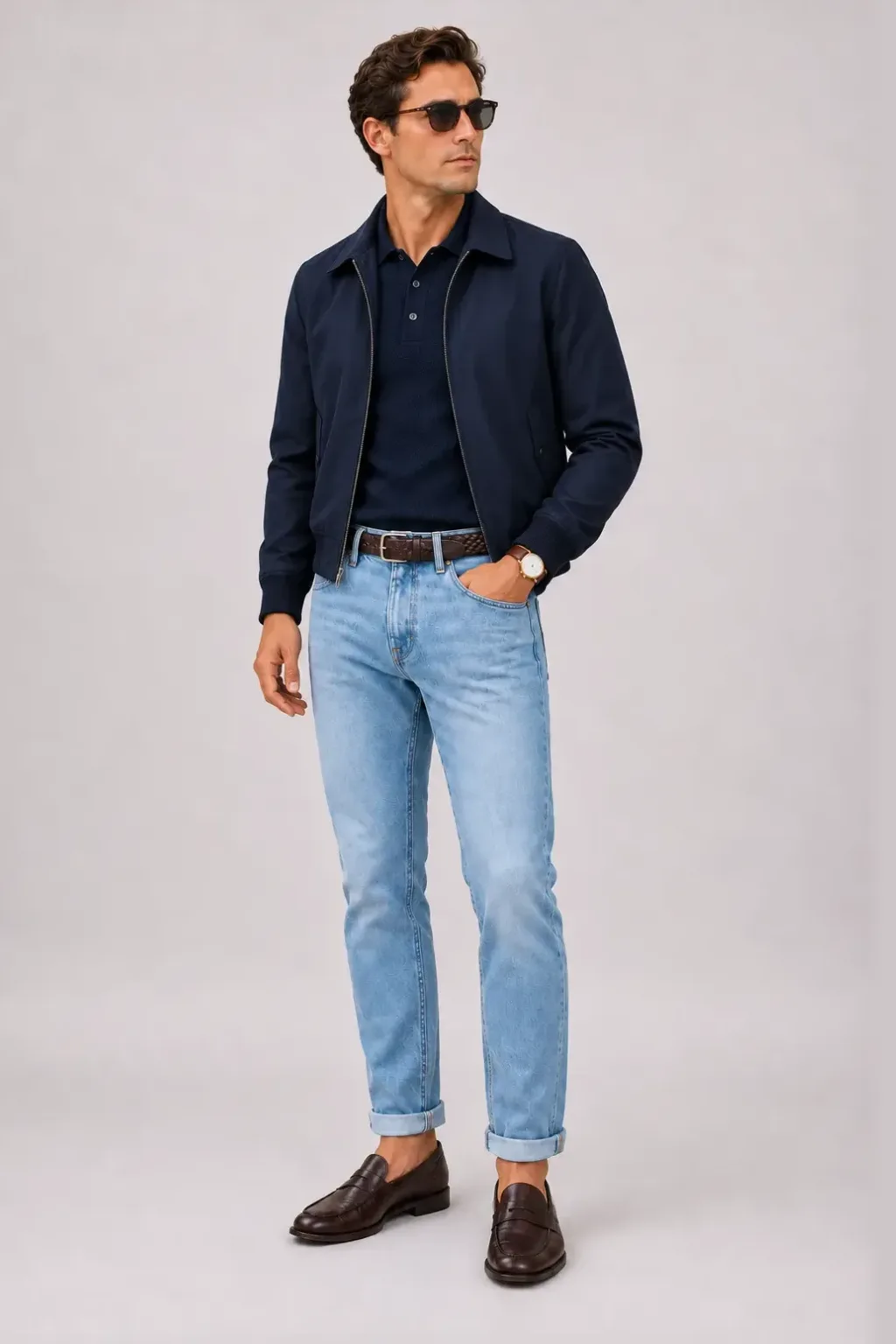 Harrington Blouson Navy über Strickpolo, dazu Jeans Hellblau und Penny Loafer